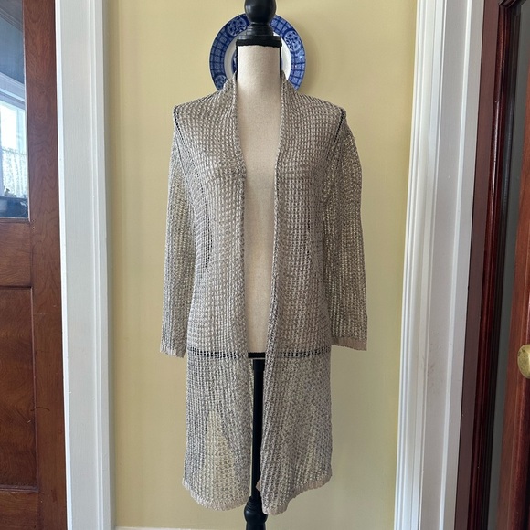 Eileen Fisher | 100% Linen Open Stitch Longline Drape Front Cardigan - Picture 1 of 8